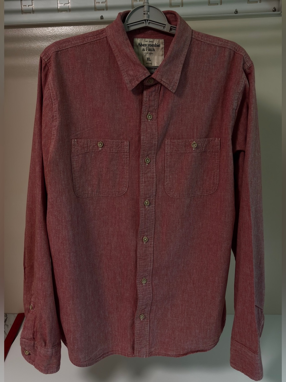 Abercrombie & Fitch Men's Washed Maroon Button-Down Shirt